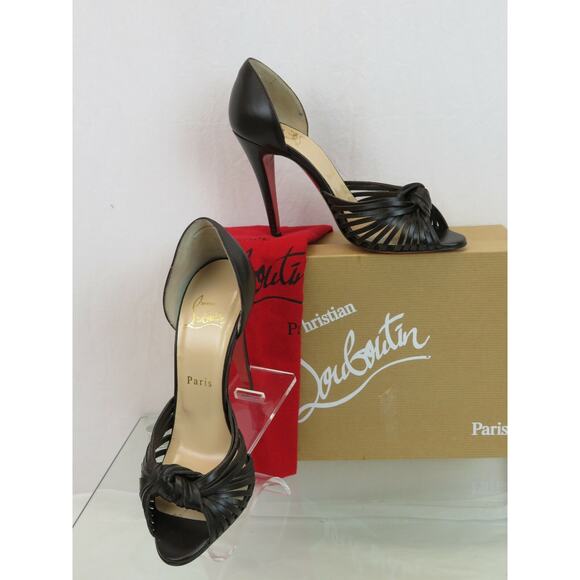 LOUBOUTIN MIRANDA 100 BROWN LEATHER D'ORSAY STRAPPY KNOTTED OPEN TOE PUMPS 37 - Picture 4 of 12